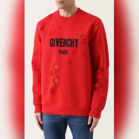 Givenchy AW/17 Red Distressed Logo-Print Crewneck Sweatshirt - Picture 1 of 11